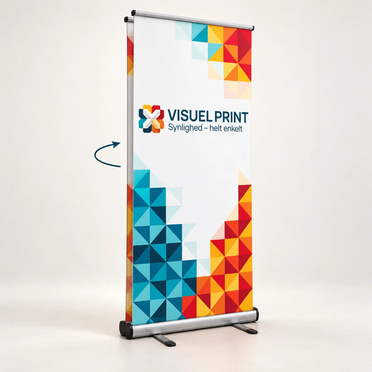 Én dobbeltsidet roll-up med to printbaner og rotationspil. 85 × 200 cm
